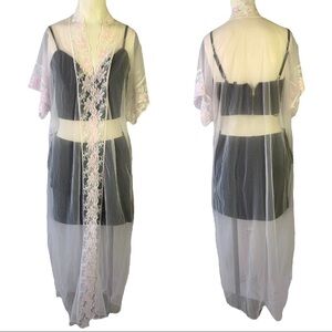 LADY CAMEO PINK LACE NIGHTWEAR LONG SHEER ROMANTIC ROBE VINTAGE  WOMEN LARGE